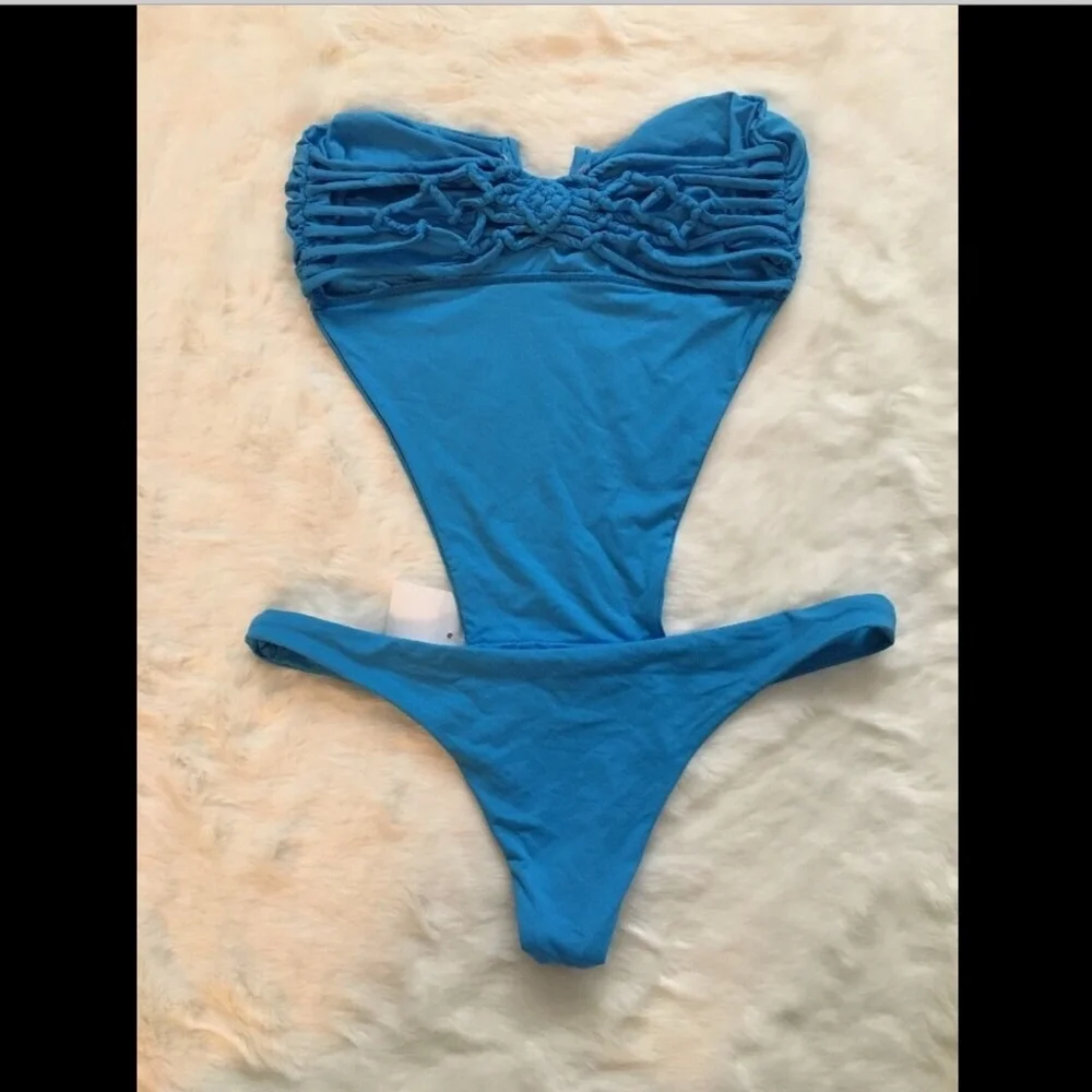 EUC $180 Frankie's Bikinis Cali Cutout One-Piece Swimsuit Azure Blue [SZ L] #706